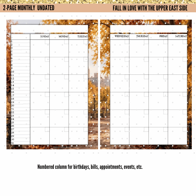 Fall in Love with the Upper East Side | A5 Monthly Deco Planner Kit | Weekly Planner | PDF Digital Download