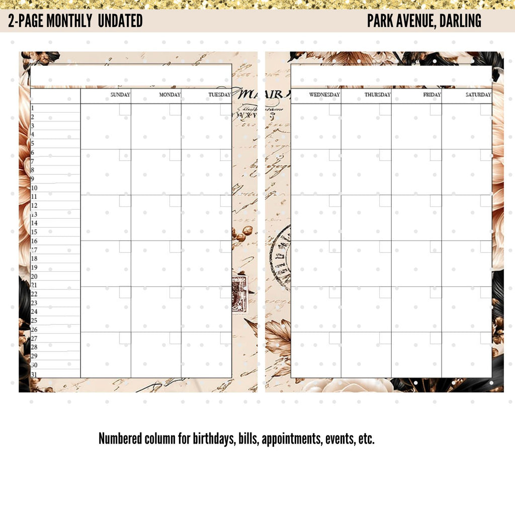 Park Avenue, Darling Monthly Planner Pages | 34 Printable Planner Inserts | Luxury TPH Planner | Monthly Dashboard | Weekly Planner | PDF Digital Download