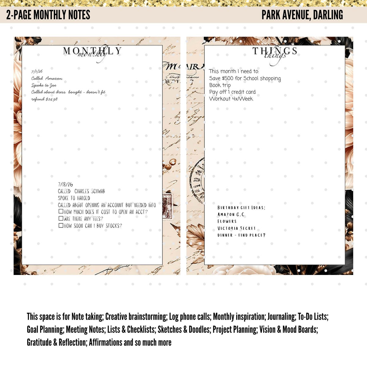 Park Avenue, Darling Monthly Planner Pages | 34 Printable Planner Inserts | Luxury A5 Planner | Monthly Dashboard | Weekly Planner | PDF Digital Download