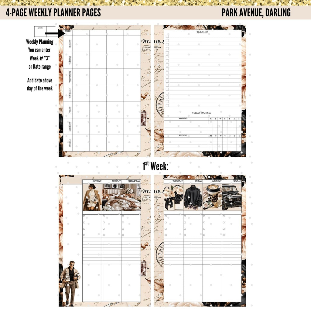 Park Avenue, Darling Monthly Planner Pages | 34 Printable Planner Inserts | Luxury TPH Planner | Monthly Dashboard | Weekly Planner | PDF Digital Download