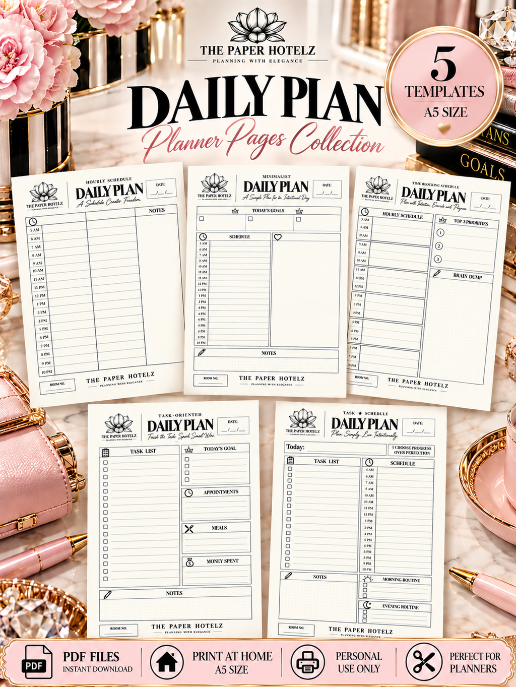The Paper Hotelz Minimal Daily Plan Bundle | 5 A5 Printable Planner Pages | Digital Download