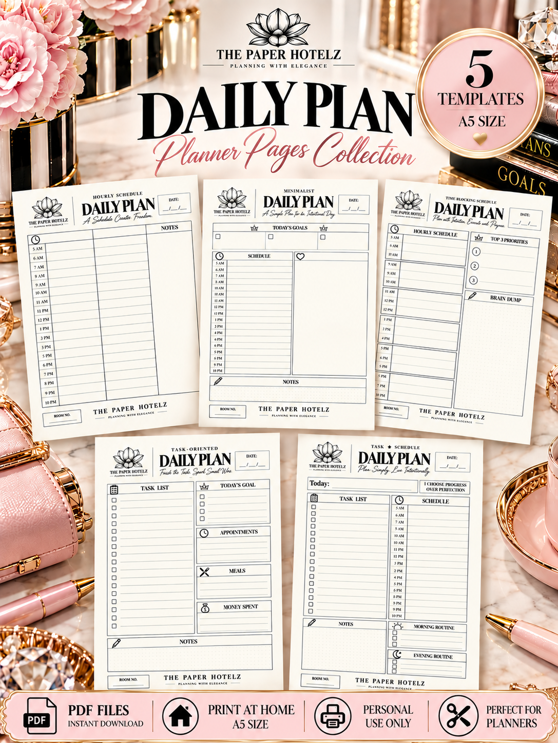 The Paper Hotelz Minimal Daily Plan Bundle | 5 A5 Printable Planner Pages | Digital Download