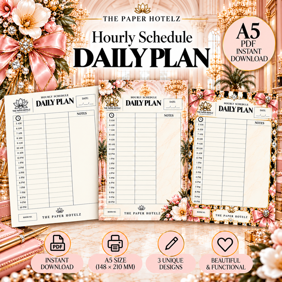 Hourly Schedule | Daily Plan Trio | 3 A5 Printable Planner Designs | Minimal, Signature & Couture | Digital Download