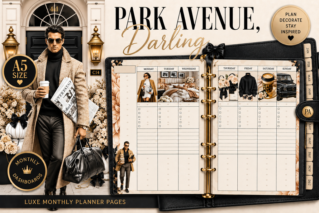 Park Avenue, Darling Monthly Planner Pages | 34 Printable Planner Inserts | Luxury A5 Planner | Monthly Dashboard | Weekly Planner | PDF Digital Download