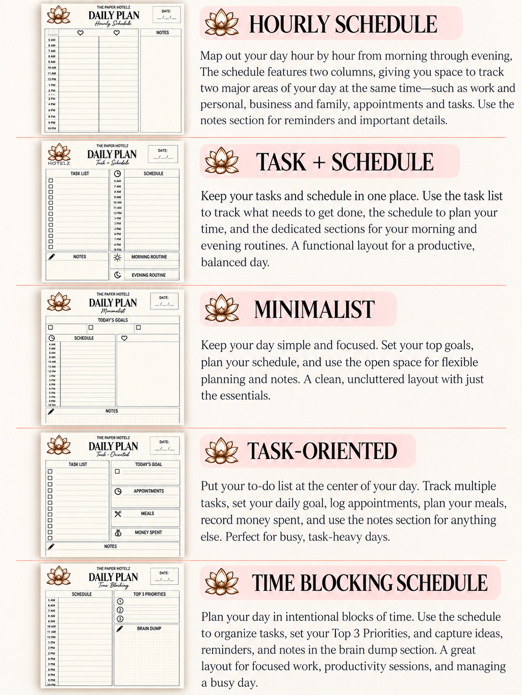 The Paper Hotelz Minimal Daily Plan Bundle | 5 A5 Printable Planner Pages | Digital Download