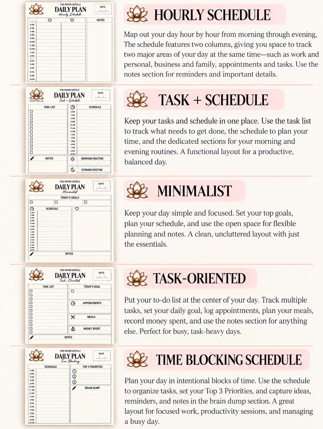 The Paper Hotelz Minimal Daily Plan Bundle | 5 A5 Printable Planner Pages | Digital Download