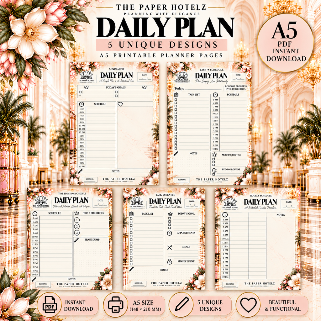 The Paper Hotelz Signature Daily Plan Bundle | 5 A5 Printable Planner Pages | Digital Download