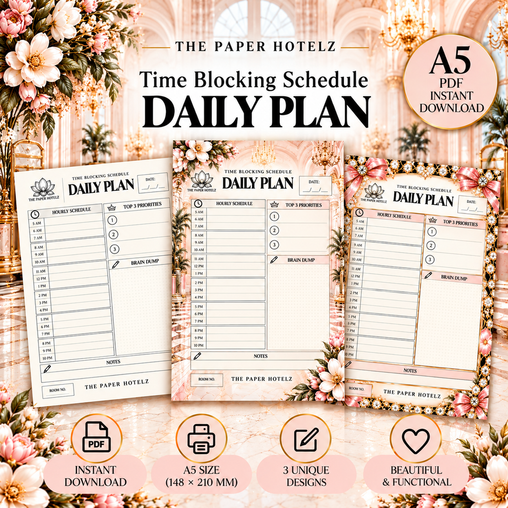 Time Blocking Schedule | Daily Plan Trio | 3 A5 Printable Planner Designs | Minimal, Signature & Couture | Digital Download