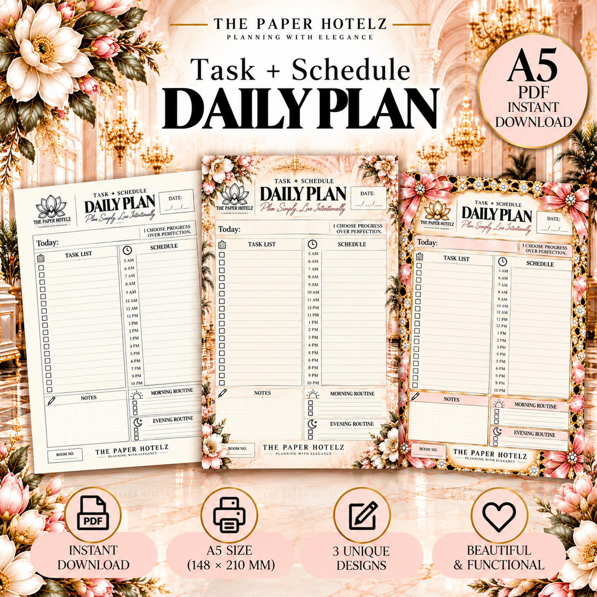 Task+Schedule | Daily Plan Trio | 3 A5 Printable Planner Designs | Minimal, Signature & Couture | Digital Download