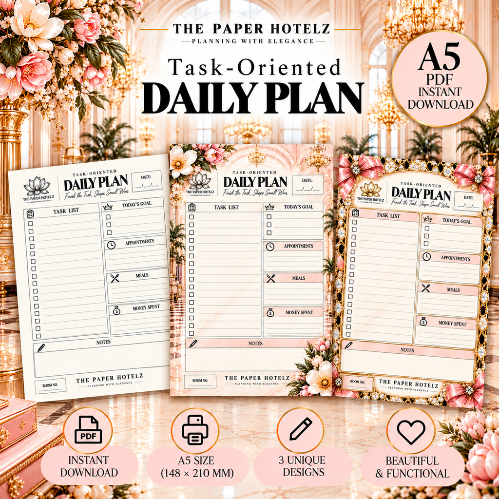 Task-Oriented Schedule | Daily Plan Trio | 3 A5 Printable Planner Designs | Minimal, Signature & Couture | Digital Download